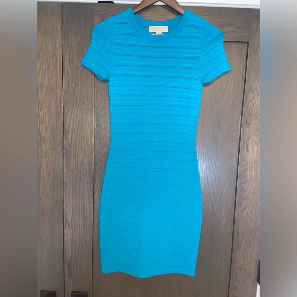Michael Kors Ruffled Stripe Stretch-Viscose Dress (Turquoise)